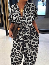 preiswerte Urlaubsoverall-Frauen Jumpsuit Aktiv Leopard Halbarm Hemd Kragen Hoch geschnitten Urlaub Täglich Regelmäßiger Schnitt Schwarz Braun Khaki Sommer
