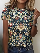 tanie T-shirt boho-Damskie Podkoszulek Graficzny W Tureckie Wzory Zabytkowe Elegancki Codzienny Krótki rękaw Półgolf Zwykłe topy Codzienny Weekend Stroje plażowe Nadruk Czarny + Biały + Czerwony Czarny Rumiany r