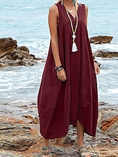 economico abiti stampati in cotone e lino-Per donna Abito Midi Abito in cotone e lino Essenziale Casual Vacanza Quotidiano Vestibilità regolare Semplice Senza Maniche Scollo a V Nero Vino Cachi Estate