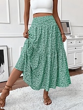 ieftine Fuste simple-Fustă pentru femei Fustă maxi A Line Modă Casual Fuste cu talie înaltă Floral Print Micro-elastic Stradă Zilnic Negru Galben Roz Verde Vară Poliester