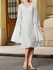 economico Con giacca-Abito da sposa a trapezio, elegante, semplice e minimalista, con scollo a V, lunghezza tè, in chiffon, a maniche lunghe con volant a cascata, 2025