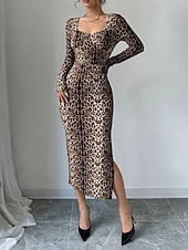 abordables Arte&amp;Diseño Vestido-Mujer Vestido Midi Vestido informal Vestido Estampado Moda Clásico Moderno Exterior Vacaciones Festivos Ajuste regular Leopardo Manga Larga Escote en Pico Marrón Verano Primavera