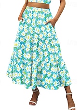 economico Gonne grafiche-Per donna Gonna Svasato Casual Maxi Vita media Gonne Floreale Stampato Micro-elastico Vacanza Uscire Rosso Viola Blu scuro Azzurro Estate Misto Cotone