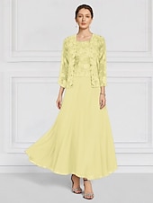 preiswerte Mit Jacke-Zweiteilig Kleid-Sets Brautmutterkleid Hochzeitsgast Kirche Elegant Rundhalsausschnitt Knöchellänge Chiffon Langarm mit Spitze Stickerei 2025