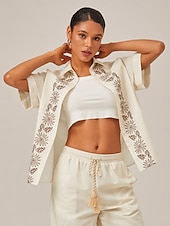 economico Bluse e camicie-camicia in lino stampato con polsini arrotolati