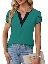 abordables Hauts Unis pour Femmes-Femmes Chemisier Bloc de Couleur Moderne Occasionnel Manche Courte Col en V Hauts Réguliers Fête Sortir Patchwork Noir Blanche Vert Abricot Été