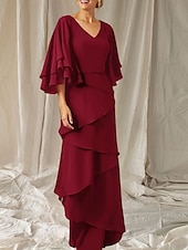 economico Lunghezza del pavimento-Abito Due Pezzi A-Line Madre della Sposa Ospite Matrimonio Elegante Inclusa Fascia V Collo Lunghezza del Pavimento Chiffon Manica Mezza Fascia Inclusa con Volant