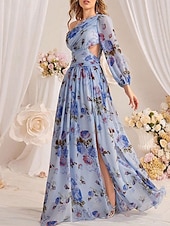 preiswerte Brautjungfernkleider-Brautjungfernkleider A-Linie Ein-Schulter Langarm Bodenlang Chiffon Brautkleider Mit Falten Floralprint