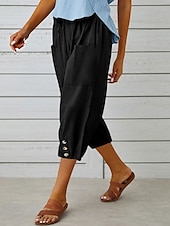 cheap Plain Cotton Linen Pant-Women&#039;s Capri Pants Solid Color Chinos Fashion Ethnic Style Basic Calf-Length High Waist Plain Pocket Drawstring Comfort Outdoor Micro-elastic Vacation Street Daily Black White Khaki Light Blue