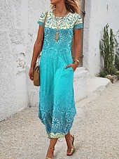 preiswerte Boho Kleid-Damen Midikleid T-Shirt-Kleid Sommerkleid Urlaub Boho Strand Täglich Normale Passform Grafik Stammes Abstrakt Kurzarm Rundhalsausschnitt Königliches Blau Blau Purpur Orange Sommer