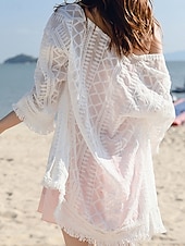abordables Caftans-Maillots de bain pour femmes Robe de bain Cover Up Maillot de bain en dentelle Mode de vacances Plage Unisexe Manches longues Maillots de bain