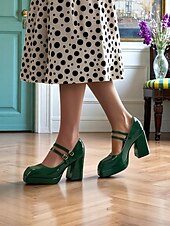 cheap 1980s-Women&#039;s 1980s Retro Double Strap Mary Jane Heels – Green Patent Leather Block Heel Platform Shoes for Vintage-Inspired Fashion, Parties, and Casual Wear