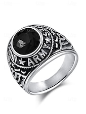 cheap Men&#039;s Jewelry-Men&#039;s Vintage Army Ring with Emerald Green Gemstone – Antique Silver Military Style Statement Ring for Veterans and Collectors