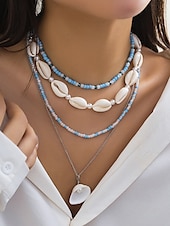 cheap Women&#039;s Necklace-Women&#039;s Boho Layered Shell and Bead Necklace Set – Beach-Style Turquoise Pendant and Gold Charms for Summer Vacations and Festivals