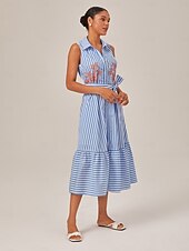 preiswerte Blumenkleider-Sommerliches, gestreiftes, besticktes, ärmelloses, mittellanges Kleid