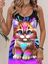 levne Zvířata šaty-lil kitty by sheena pike dámské minišaty linkové šaty letní šaty mimo ramena dovolená ležérní denní volný střih grafika zvíře bez rukávů u krku černá léto