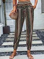 preiswerte weites Bein und hohe Taille-Damen Jogginghose Hosen Hose Urlaub Boho Volle Länge Mittlere Taille Geometrisch Elastischer Bund Atmungsaktiv Bequem Mikroelastisch Straße Alltagskleidung Ausgehen Dunkelbraun Weiß Rot Dunkelgrün