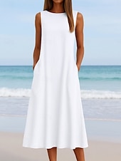 preiswerte Kleider aus Baumwolle und Leinen entwerfen-Damen Midikleid Weißes Kleid Freizeitkleid Trägerkleid Sommerkleid Mode Basic Modern Täglich Strand Wochenende Normale Passform Einfach Ärmellos Rundhalsausschnitt Weiß Sommer