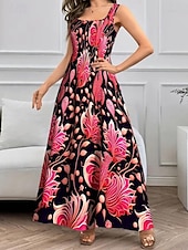 ieftine rochie florală-Pentru femei Rochie Maxi Rochie de schimb Rochie A line Vacanță Casual Boho Ieșire Fit standard Floral Grafic Fără manșon În U Negru Roșu-aprins Albastru piscină Portocaliu Vară Primăvară