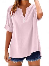 voordelige Overhemden-Dames Blouse Effen Basic Casual Korte mouw Gekerfde nek Normale tops Dagelijks Knop Zak Rood blauw Paars Beige Zomer Lente