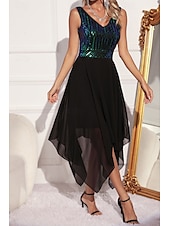 abordables Robes à paillettes-Femmes Robe Midi Robes à paillettes Robe de Soirée Robe Élégante Mode Soirée Coupe régulière Bloc de Couleur Sans manches Col en V Vert Abricot Été