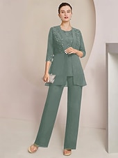 levne Máminy kalhotové kostýmy-Plážový svatební overal  kalhotový oblek 3 díly pro matku nevěsty formální svatební host elegantní šaty s kulatým výstřihem podlahová délka z chiffonu krajky třpytivé 3/4 délka rukávu s krajkovým
