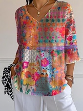 preiswerte Blumenoberteile-Damen Bluse Blumen Grafik Bohemien Tropisch Stilvoll Dreiviertelarm V Ausschnitt Normale Oberteile Täglich Blau Fuchsie Orange Sommer Frühling