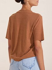 cheap Shirts-Women&#039;s Linen Shirt Blouse Plain Casual Short Sleeve V Neck Regular Tops Holiday Going out White Brown Summer