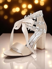 economico Sandali con tacco-sandali con tacco a blocco aperti in raso beige con cristalli decorati - scarpe da donna per matrimonio e cocktail