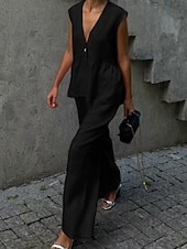 abordables Ensembles chemisiers pour femmes-Femmes Actif Mode Ensembles en coton et lin Chemisier Gilet Sans manches Col en V Couleur Unie Dubbele Rij Knopen Date Décontracté Quotidien Noir Rose Claire Bleu clair Été Coupe régulière