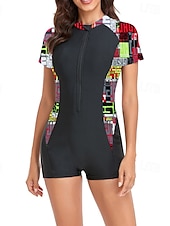 abordables Maillots de bain une pièce-Femmes Maillots de Bain Une Pièce Maillot de bain Zip Up Patchwork Tropical Tenues de plage Fleur Col rond Manches courtes Maillots de bain