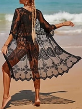 preiswerte Strand Tops-Damen Badeanzug Überwurf Bademode Spitze Patchwork Tropisch Strandbekleidung Einfarbig V-förmiger Draht-Ausschnitt Kurze Ärmel Badeanzüge
