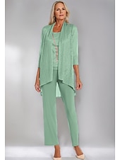 economico Tailleur pantalone della mamma-Completo pantalone 3 pezzi per la madre della sposa, elegante, con scollo rotondo, lunghezza pavimento, in chiffon, maniche lunghe, con volant a cascata in pizzo, arricciato, 2025