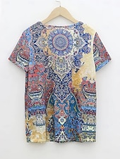billiga Boho t-shirt-Dam T-shirt Summer Tops Grafisk Geometrisk Klassisk Ledigt Kortärmad V-hals Crop Tops Dagligen Helgen Mönster Regnbåge Sommar Vår Höst