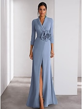 cheap BLUE-Blue A-Line Evening Gown Elegant Dress Formal Wedding Floor Length Long Sleeve Shirt Collar Stretch Crepe with Slit Shouder Flower 2025