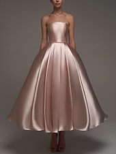preiswerte Cocktailkleider-Rosa Ballkleid Satin A-Linien Cocktail Elegante Kleider Formelle Hochzeit Knöchellänge Langarm Schulterfrei Abnehmbar mit Schal