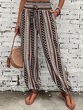 preiswerte weites Bein und hohe Taille-Damen Jogginghose Hosen Hose Urlaub Boho Volle Länge Mittlere Taille Geometrisch Elastischer Bund Atmungsaktiv Bequem Mikroelastisch Straße Alltagskleidung Ausgehen Dunkelbraun Weiß Rot Dunkelgrün