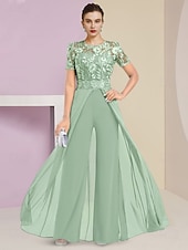 cheap Mom&#039;s Jumpsuits-Beach Wedding Jumpsuit / Pantsuit Mother of the Bride  Wedding Guest Elegant Jewel Neck Ankle Length Stretch Chiffon Short Sleeve with Lace Pleats free custom size