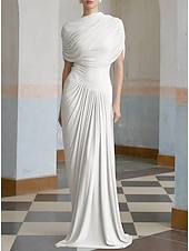 abordables BLEU-Robe de soirée colonne Bébé Robe élégante Robe formelle Invité de mariage Longueur sol Manches courtes Col haut Spandex avec châle drapé