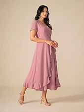 preiswerte abendkleider-Damen Maxidress A Linie Kleid Elegant Ausgefallene Hochzeit kleid hochzeitsgast Lockere Passform Feste Farbe Kurzarm Asymmetrisch V Ausschnitt Erröten Sie Rosa Sommer Frühling