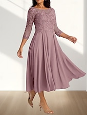 abordables Longueur du thé-Robe Mère de la Mariée A-Line Invité de Mariage Élégante Col Arrondi Longueur Thé Chiffon Manches 3/4 avec Plis Appliques Robe Midi 2025