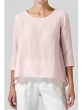 abordables Chemises-Femmes Chemisier Chemises en coton et lin Uni Basique Occasionnel Manche 3/4 Col ras du cou Hauts Réguliers Quotidien Fête Sortir Noir Blanche Rose Claire Vert Véronèse Gris Été