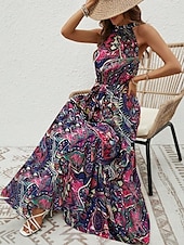 billiga Boho klänningar-Dam Maxiklänning A linjeklänning Off Shoulder Klänning Semester Ledigt Boho Utomhus Utekväll Normal Grafisk Paisley Ärmlös Halterneck Blå Purpur Brun Aprikos Sommar