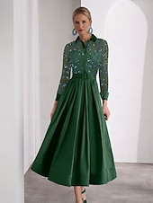 cheap Cocktail Dresses-Blue Green Embroidered A-Line Cocktail Dresses Elegant Formal Wedding Guest Ankle Length Long Sleeve Shirt Collar Satin with Glitter Slit 2025