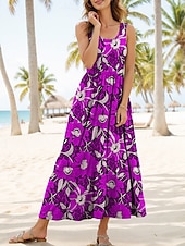 preiswerte Blumenkleider-Damen Midikleid Sommerkleid A Linie Kleid Schulterfreies Kleid Urlaub Lässig Formpassend Blumen Grafik Ärmellos U-Ausschnitt Rundausschnitt Gelb Rote Blau Purpur Sommer