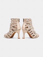 billige Sko til latindans-beige rhinestone latinske dansehæler med snøring for kvinner – pustende mesh peep toe performance sko for ballsaltrening