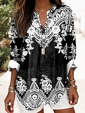 billiga Kvinnors Boho-toppar-Kvinnors Boho Blus Grafik Geometrisk Elegant Daglig Lång Ärmar V-Hals Regular Toppar Dagligt Tryck Svart Gul Röd Blå Guld Sommar Vår