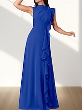 baratos Vestidos para Madrinhas-Vestido de dama de honra em corte A, decote redondo, sem mangas, elegante, longo, chiffon com babados / franzido 2025