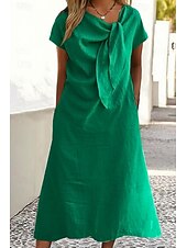 abordables concevoir des robes en coton et lin-Femmes Robe Midi Robes inspirées du lin Robe en coton et lin Mode Classique Extérieur Fête Week-end Coupe régulière Uni Manche Courte Col ras du cou Jaune Orange Vert Kaki Été
