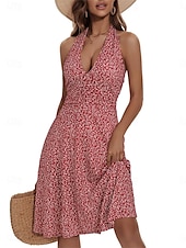 abordables Robes fleuries-Femmes Mini Robe Robe trapèze Robe dos nu Vacances Occasionnel Boho Extérieur Sortir Plage Coupe régulière Fleuri Sans manches Col Halter Jaune Rouge Bleu Vert Été